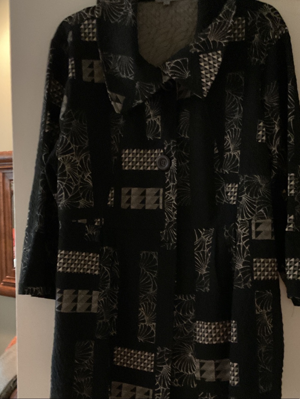 SHAN Black Patterned Pea Jacket with Geometric Accents